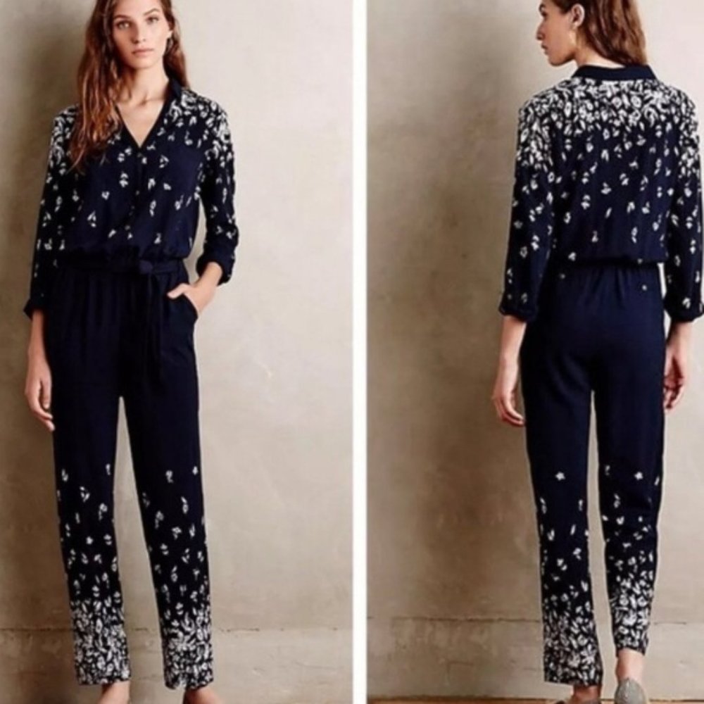 Anthropologie Lilka lakeshore floral navy blue jumpsuit SZ M